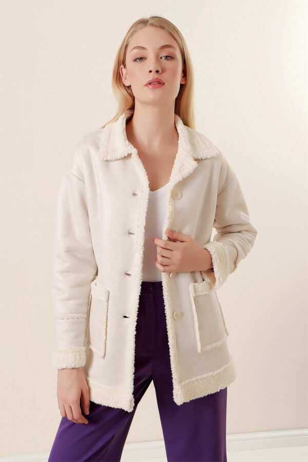 Women White Side And Inside Fur Front Button Faux Leather Coat HZL23W-BD191001