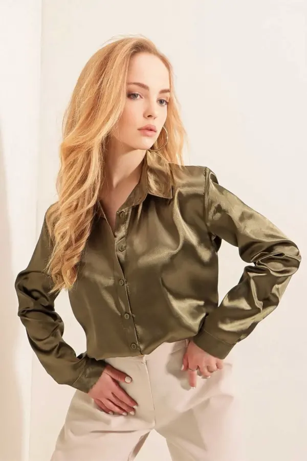 Women s Khaki Lightly Draped Satin Surface Shirt Hzl22w-bd139641