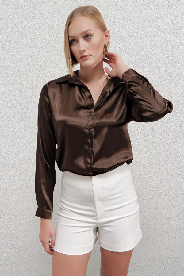 Women’s Brown Lightweight Cast Satin Surface Shirt HZL22W-BD139641